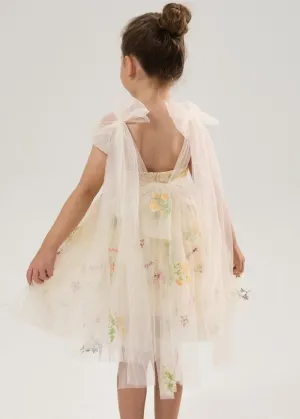 Floral Embroidered Tulle Strap Girl Dress in Ivory Knee