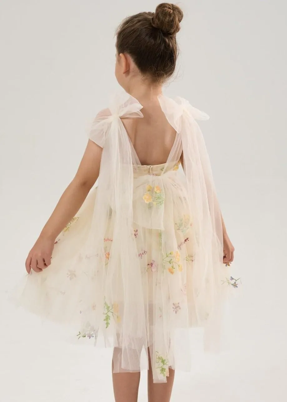 Floral Embroidered Tulle Strap Girl Dress in Ivory Knee