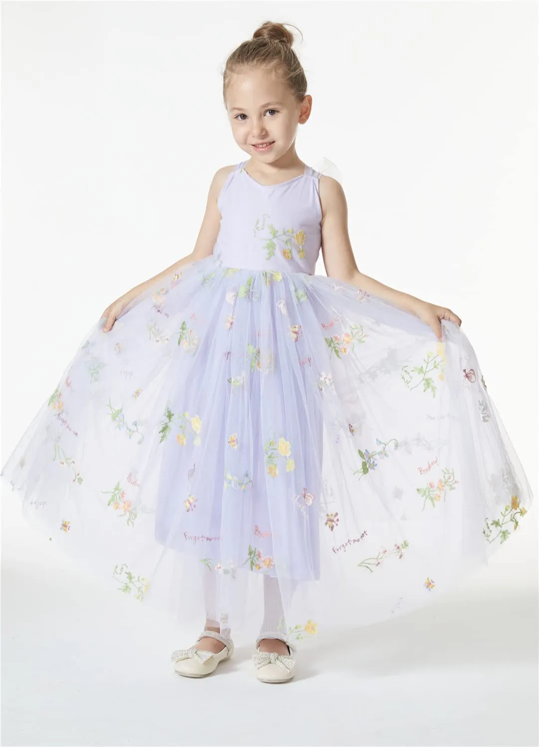 Floral Embroidered Tulle Strap Girl Dress in Purple