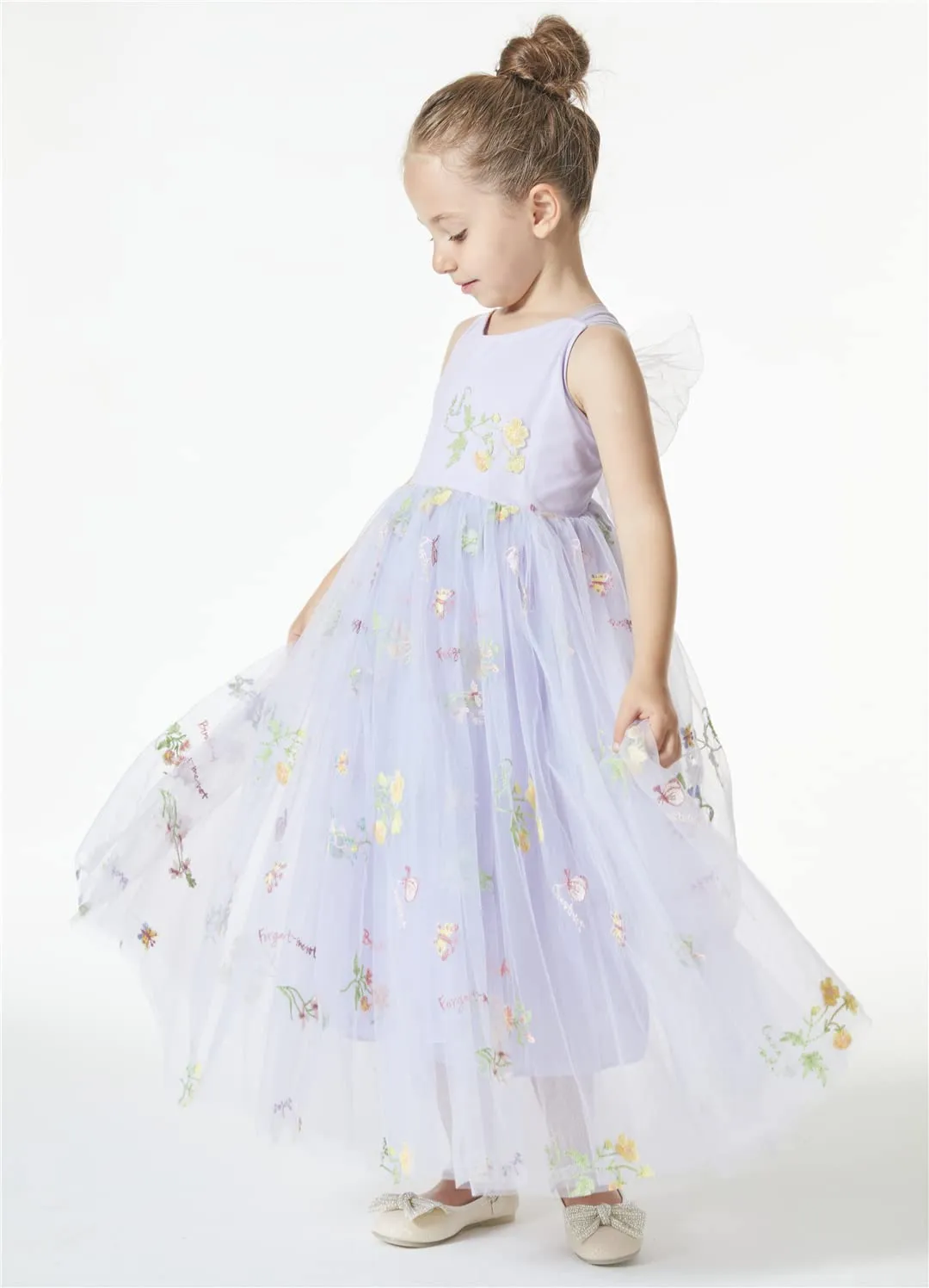 Floral Embroidered Tulle Strap Girl Dress in Purple