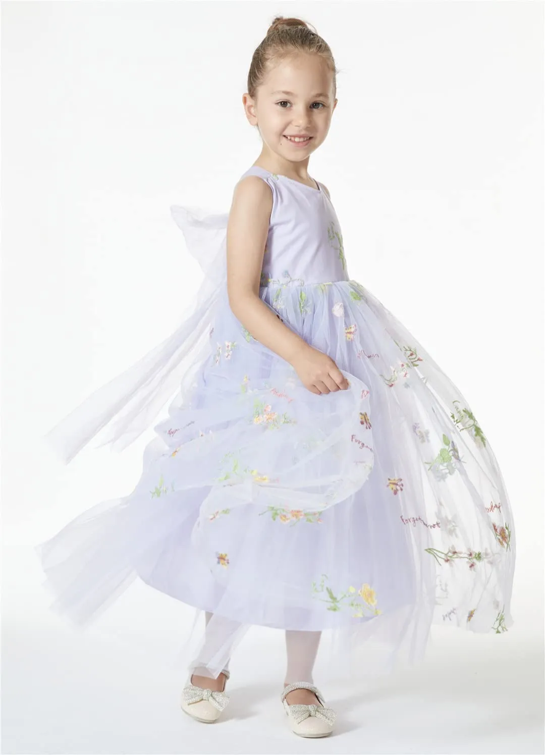 Floral Embroidered Tulle Strap Girl Dress in Purple
