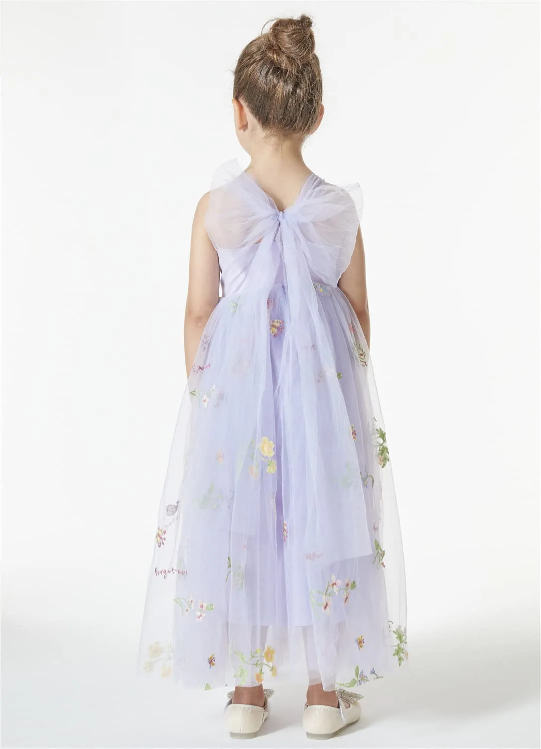 Floral Embroidered Tulle Strap Girl Dress in Purple