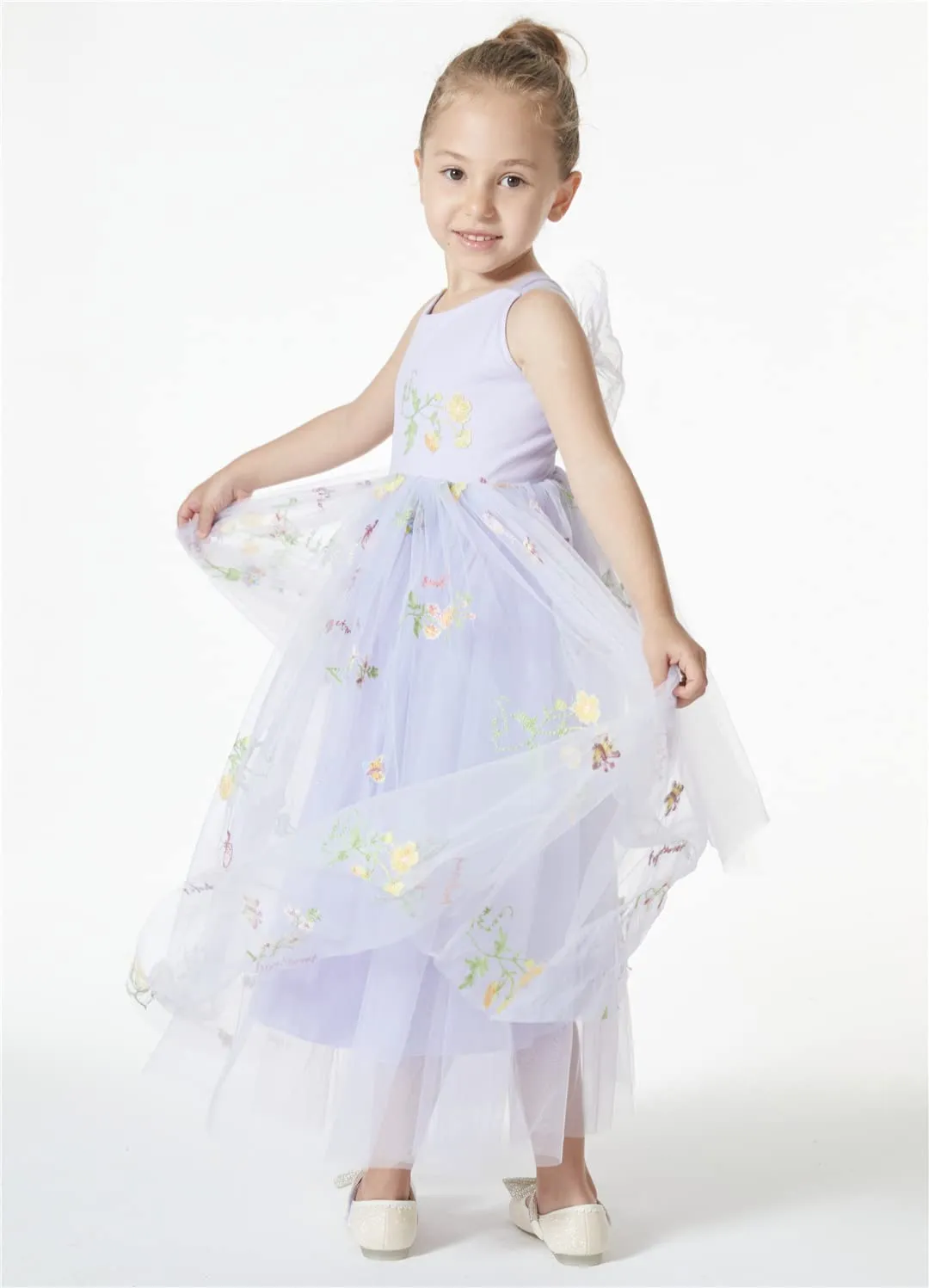 Floral Embroidered Tulle Strap Girl Dress in Purple