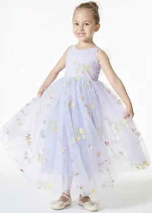Floral Embroidered Tulle Strap Girl Dress in Purple