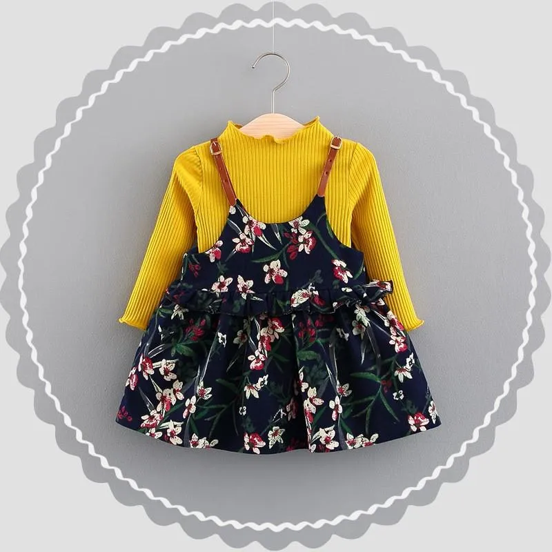 Floral Pinafore Girls Dress and Ribbed Long Sleeve Top - Navy and Yellow