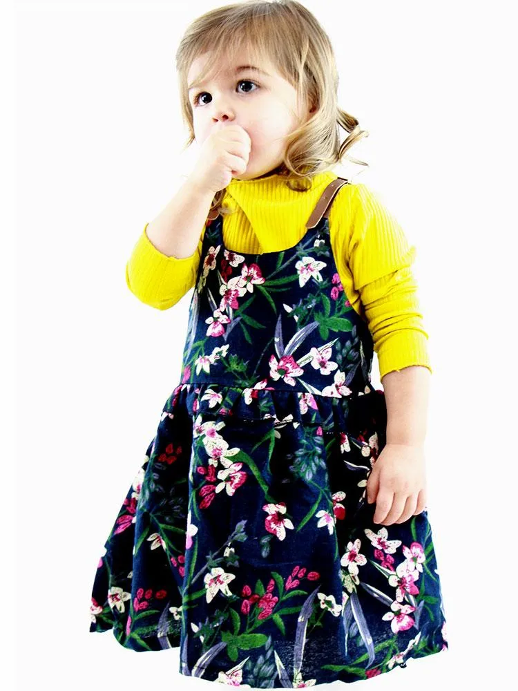 Floral Pinafore Girls Dress and Ribbed Long Sleeve Top - Navy and Yellow