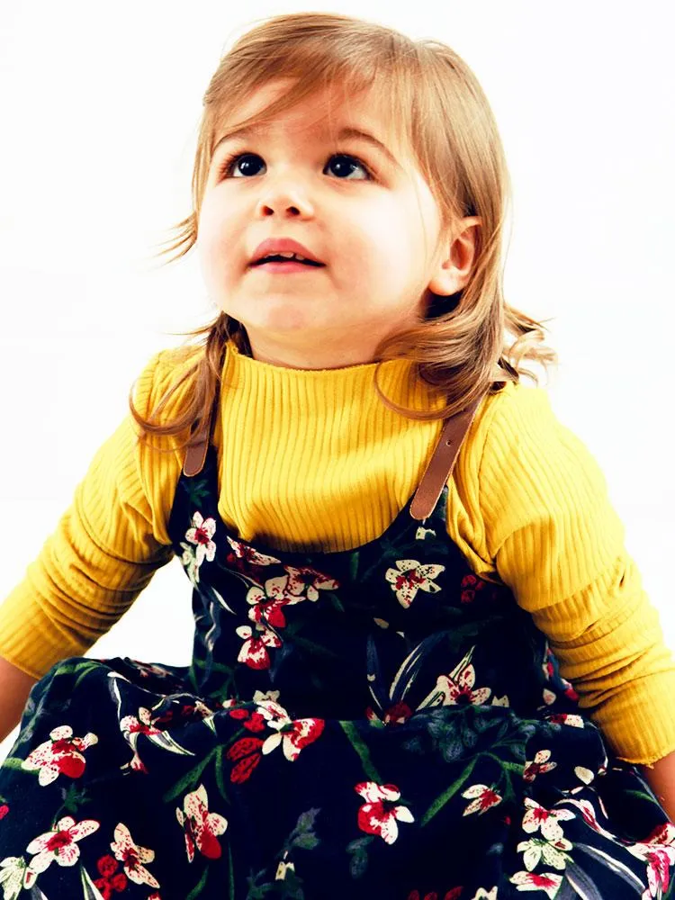 Floral Pinafore Girls Dress and Ribbed Long Sleeve Top - Navy and Yellow