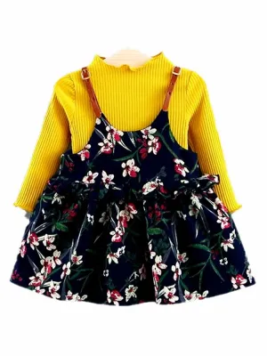 Floral Pinafore Girls Dress and Ribbed Long Sleeve Top - Navy and Yellow