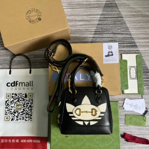 gg x Adidas Horsebit 1955 Mini Bag Black For Women, Women&#8217;s Bags 7.9in/20cm gg‎ 677212 U3ZDG 8726