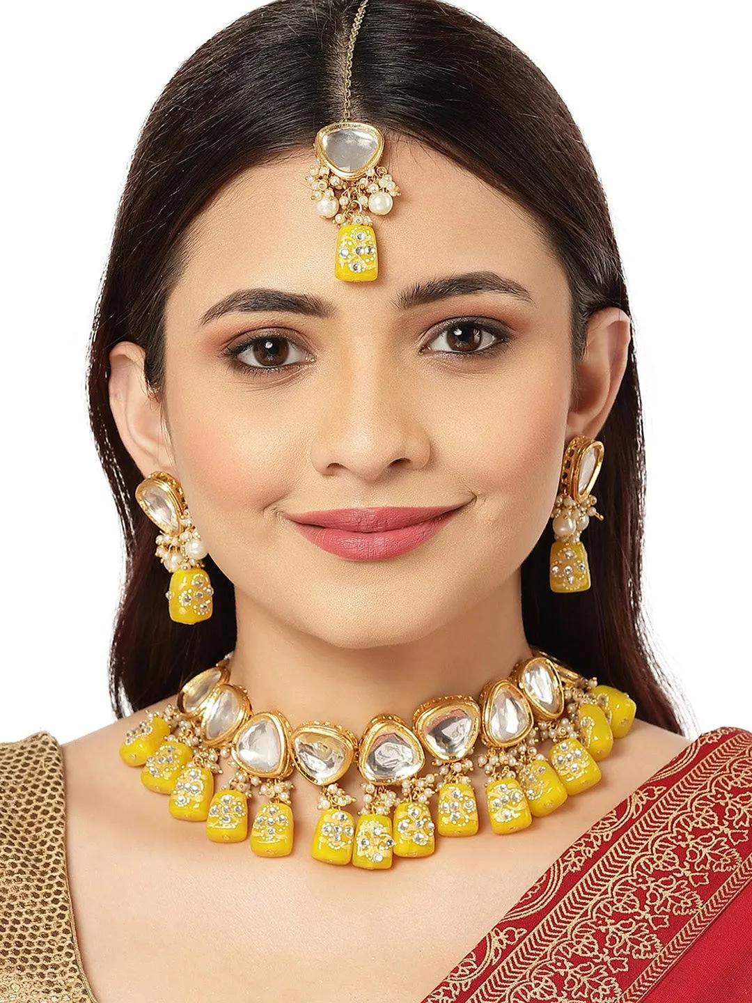 Gold-Plated Light Yellow Tumble And Polki Kundan Studded Jewellery Set