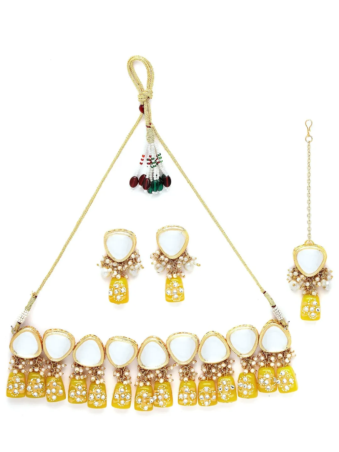 Gold-Plated Light Yellow Tumble And Polki Kundan Studded Jewellery Set