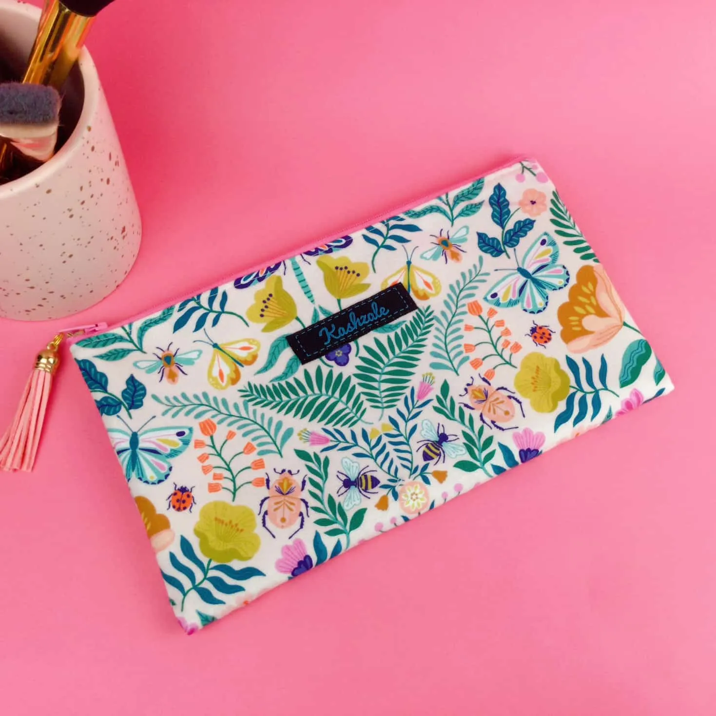 Green and Cream Zipper Pouch, Travel Pouch.