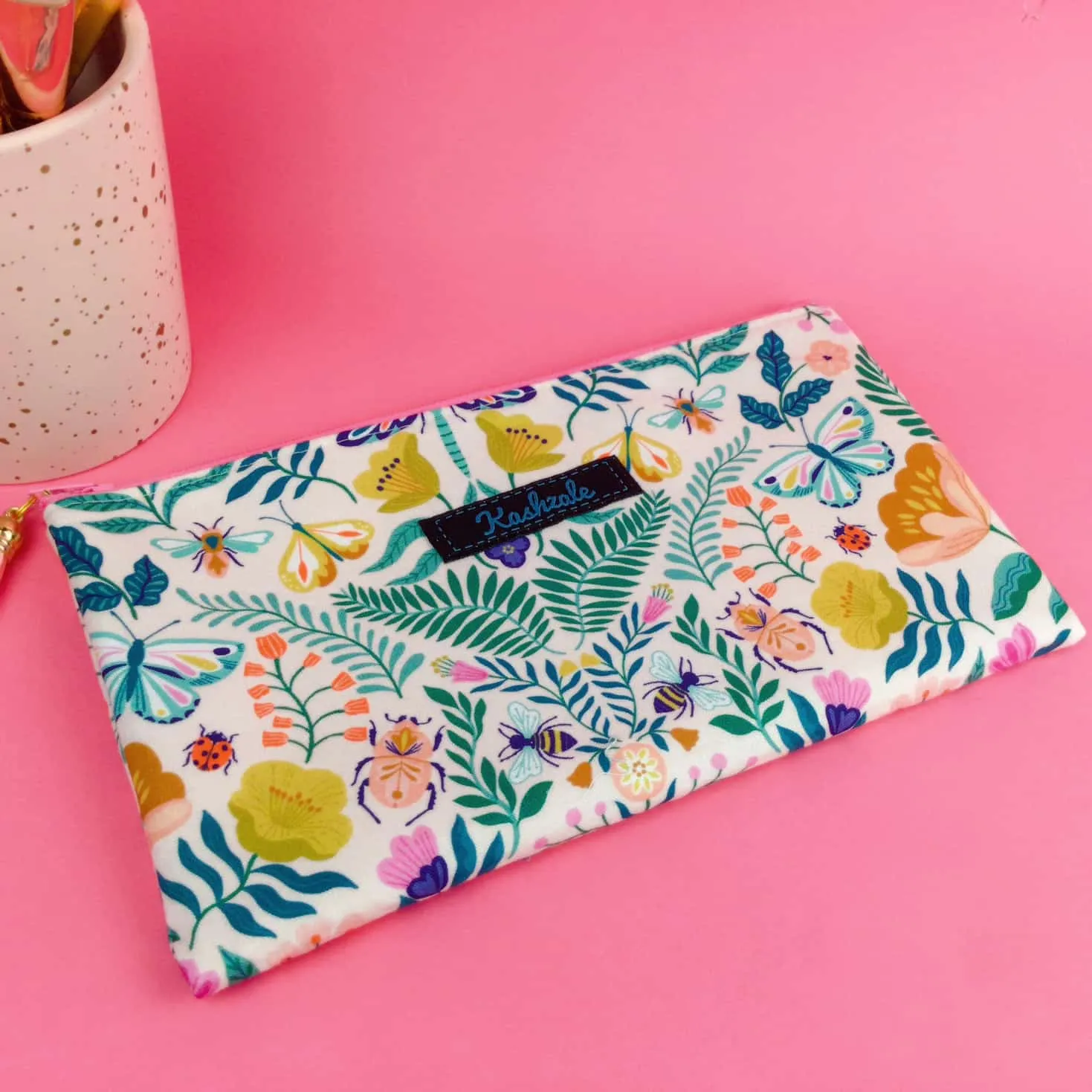 Green and Cream Zipper Pouch, Travel Pouch.