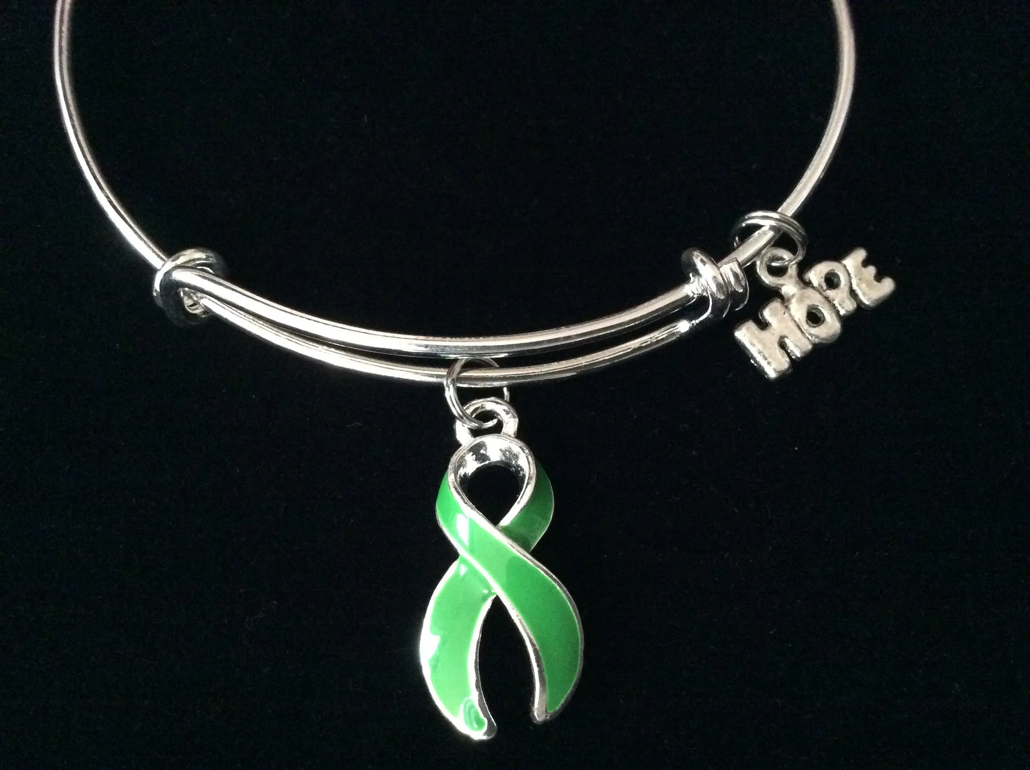 Green Awareness Ribbon Expandable Charm Bracelet Adjustable Bangle Gift (Other Awareness Ribbons Available)Green Awareness Charm on a silver plated Bangle Silver Plated Bangle Lyme Disease Cerebral Palsy Kidney Cancer