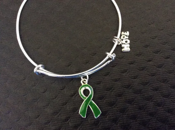 Green Awareness Ribbon Expandable Charm Bracelet Adjustable Bangle Gift (Other Awareness Ribbons Available)Green Awareness Charm on a silver plated Bangle Silver Plated Bangle Lyme Disease Cerebral Palsy Kidney Cancer
