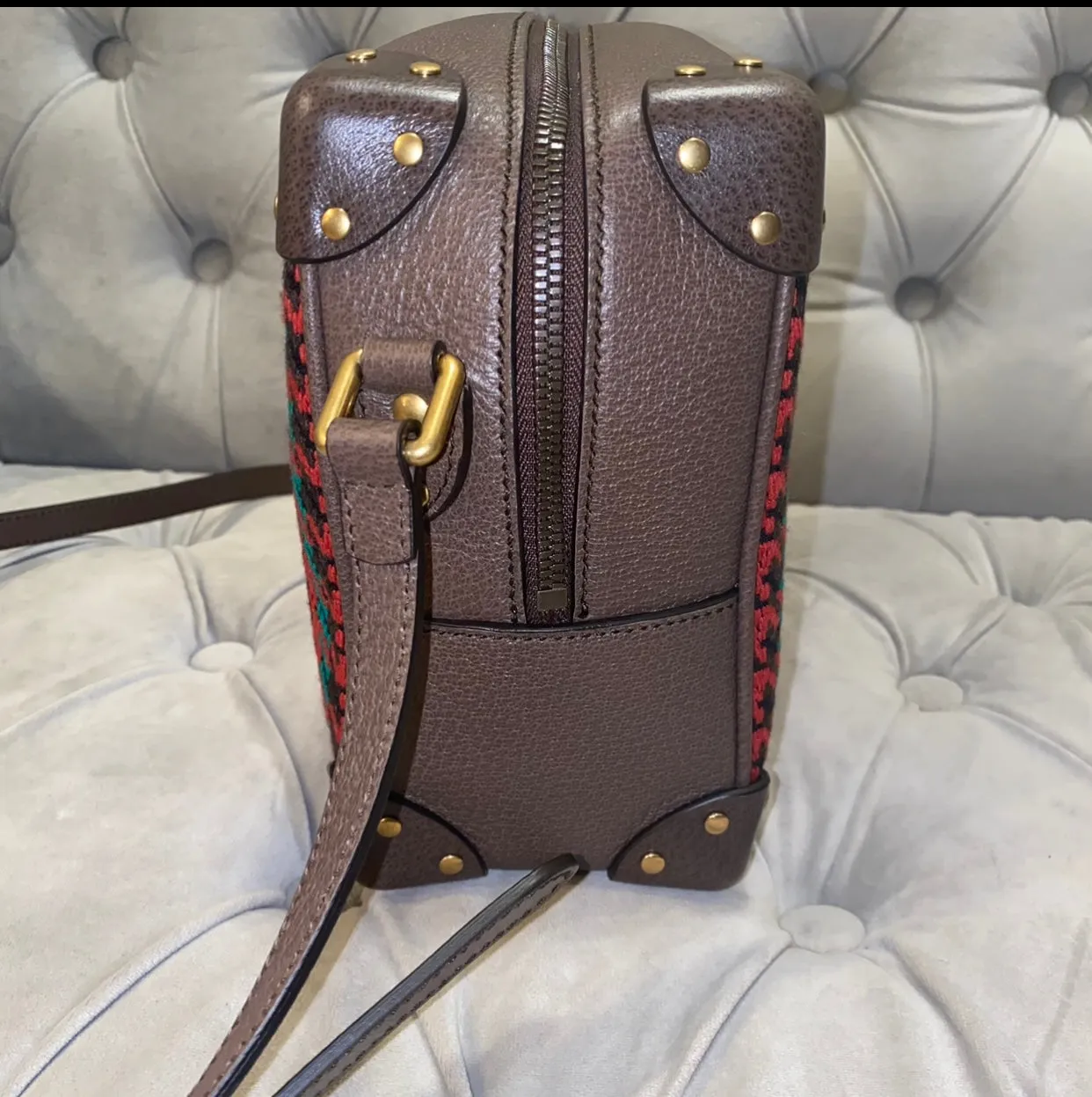 Gucci Houndstooth And Stripe Shoulder Bag With Interlocking G Red & Green