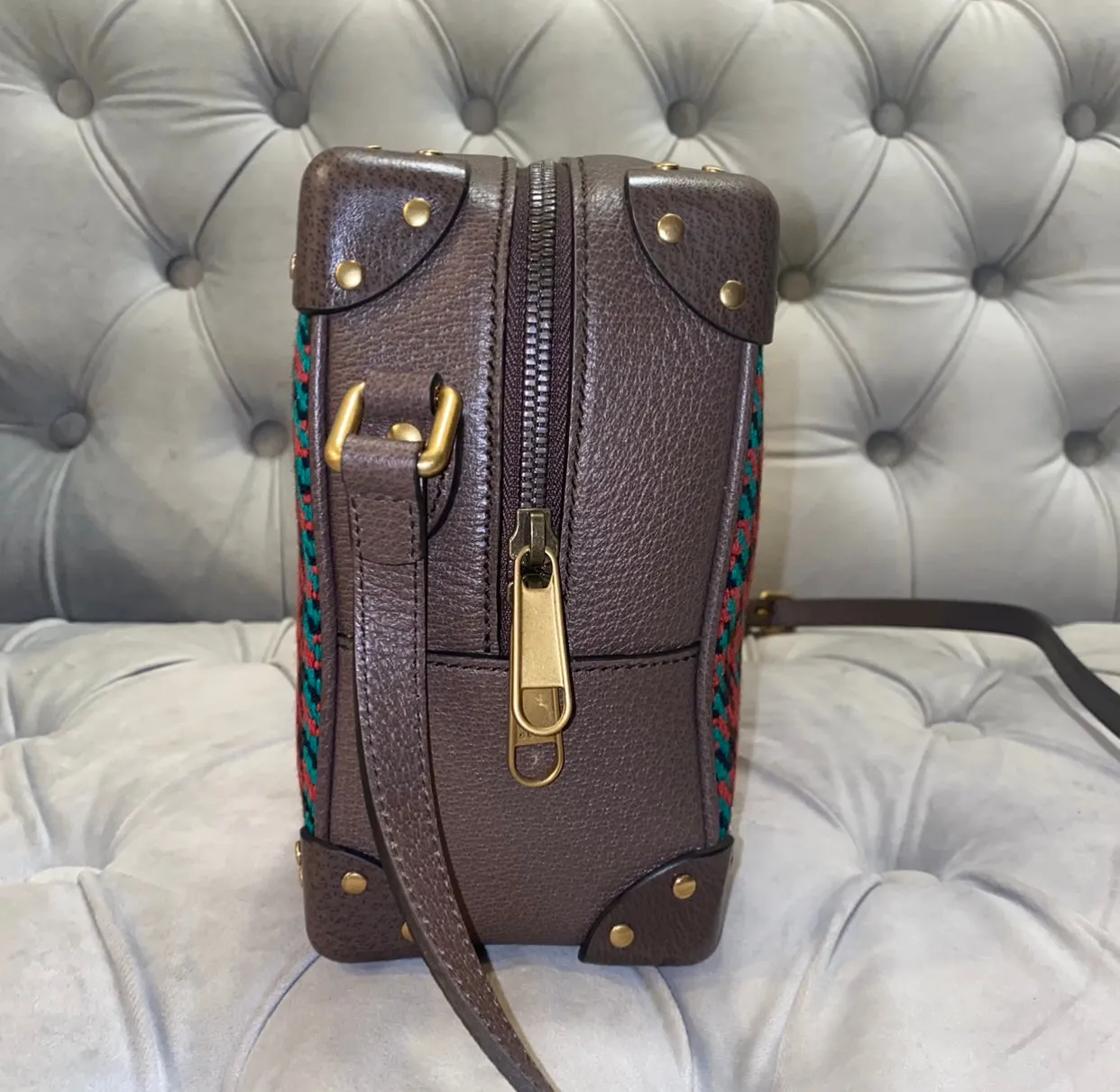 Gucci Houndstooth And Stripe Shoulder Bag With Interlocking G Red & Green