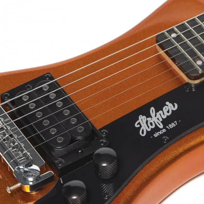 Hofner HOF-HCT-SH-MO-O Shorty Electric Travel Guitar - Metallic Orange - with Gig Bag