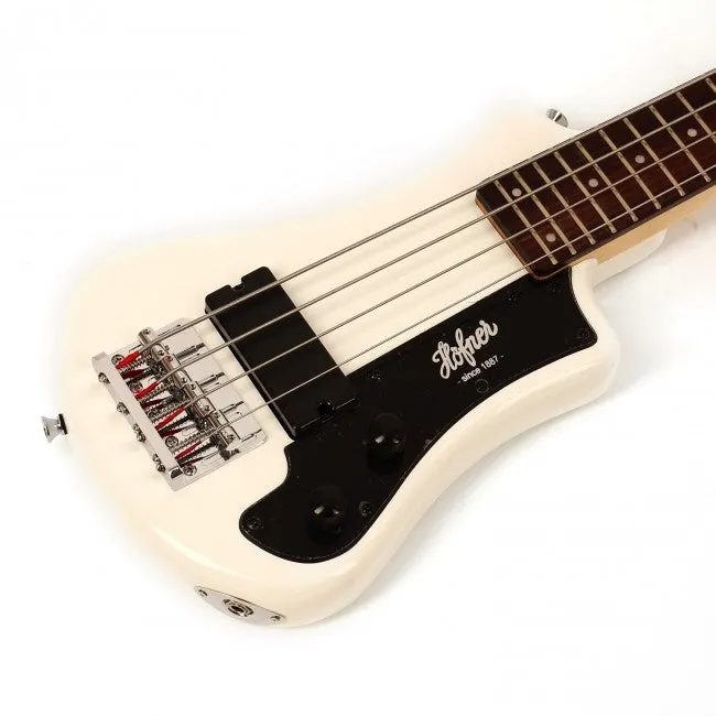 Hofner HOF-HCT-SHB-WH-O Shorty Electric Travel Bass Guitar - White - with Gig Bag