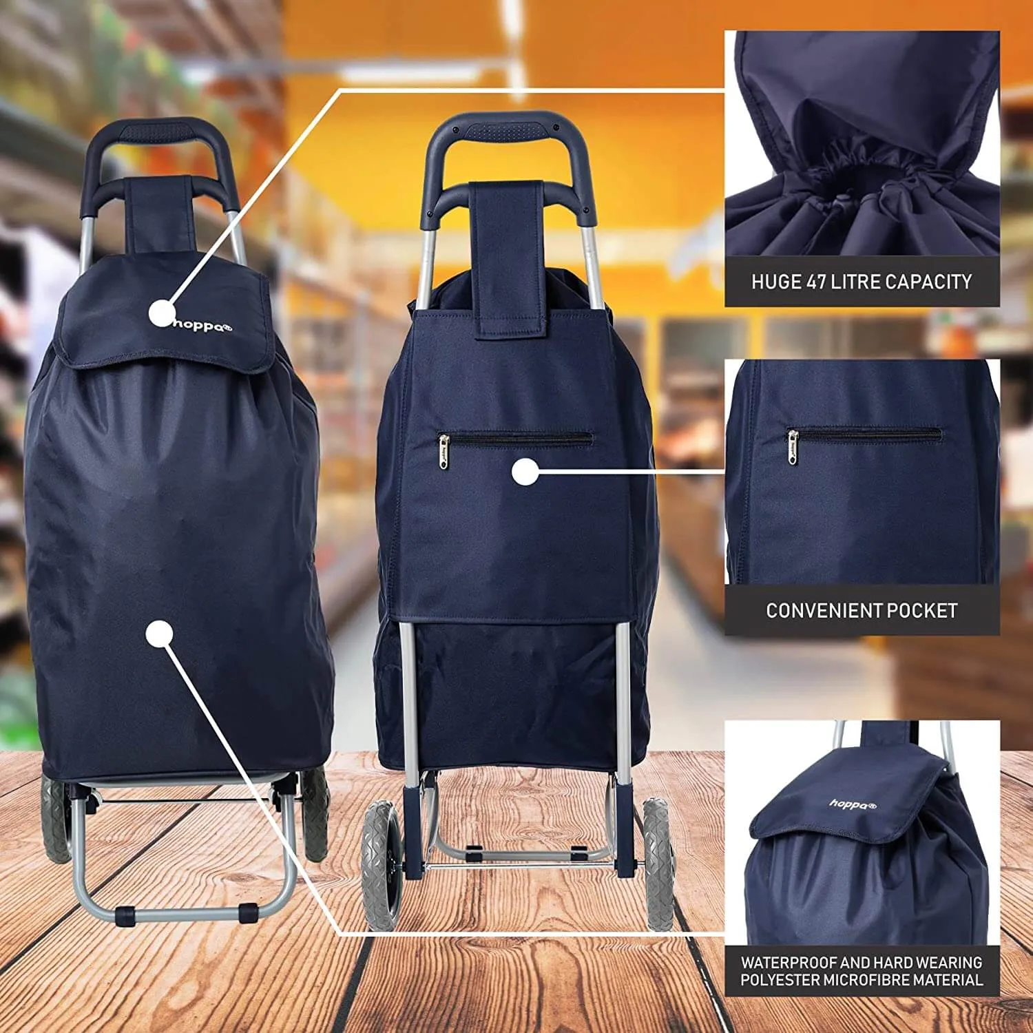 Hoppa Lightweight Shopping Trolley Folding 2 Wheel Large Capacity Shopper (Navy 140)