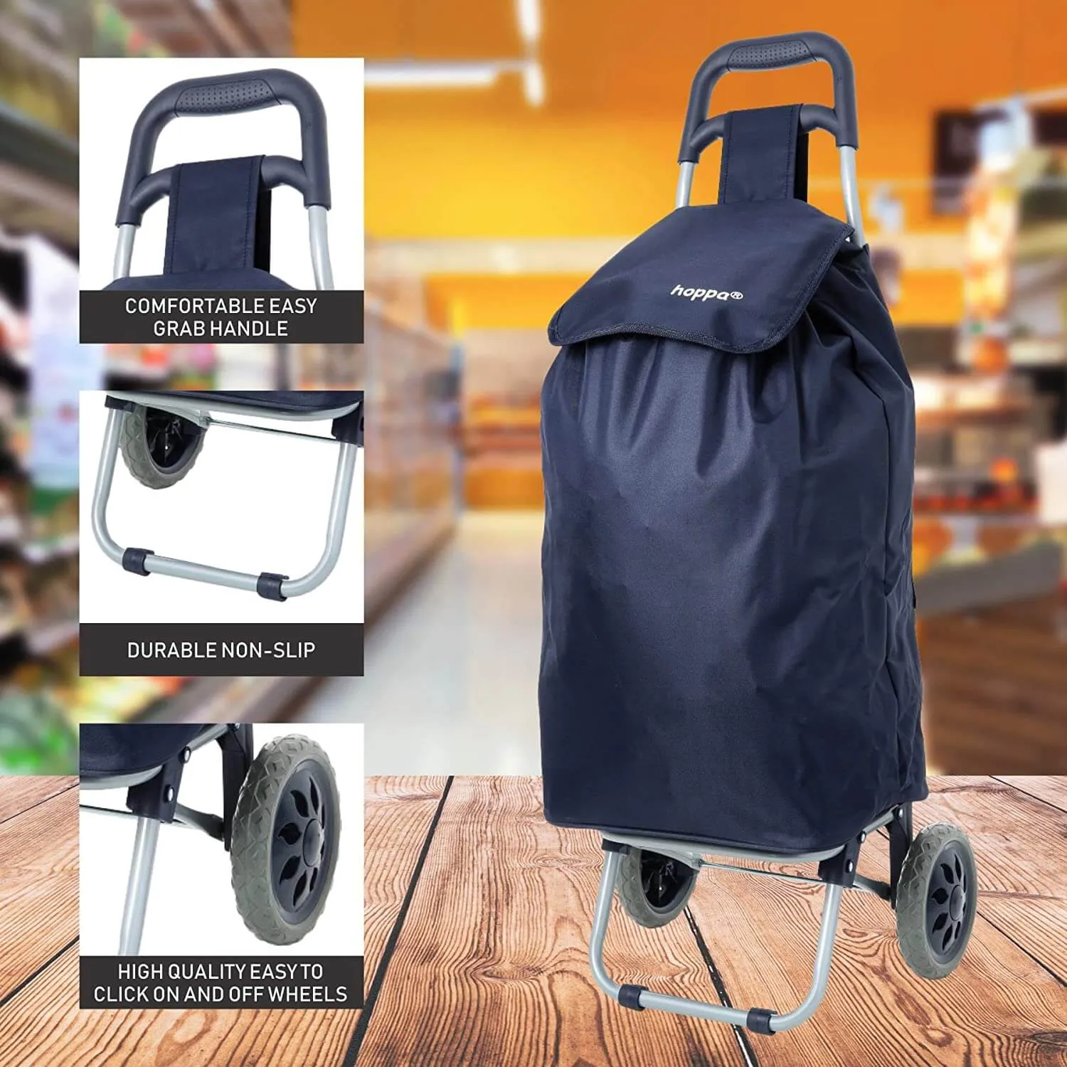 Hoppa Lightweight Shopping Trolley Folding 2 Wheel Large Capacity Shopper (Navy 140)
