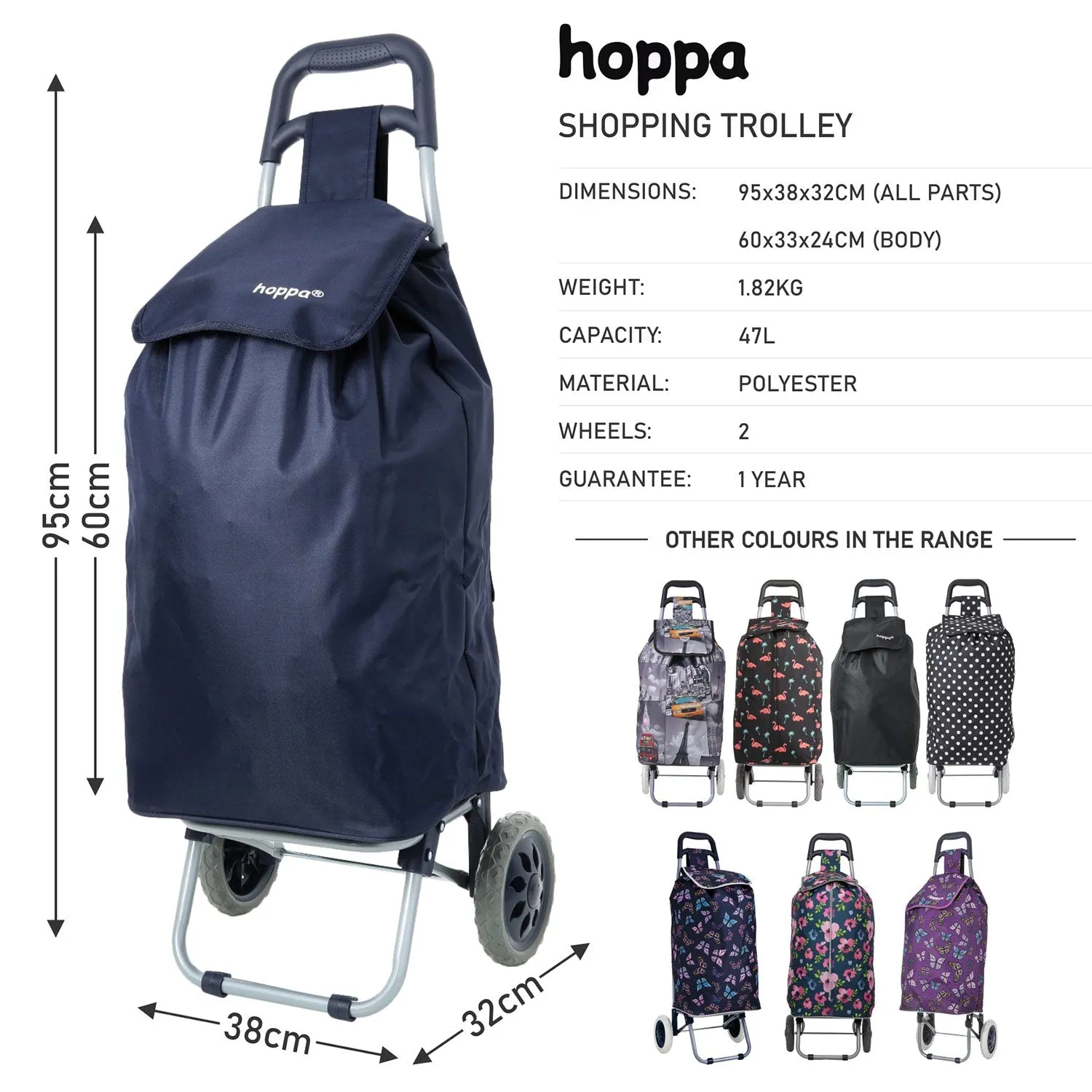Hoppa Lightweight Shopping Trolley Folding 2 Wheel Large Capacity Shopper (Navy 140)