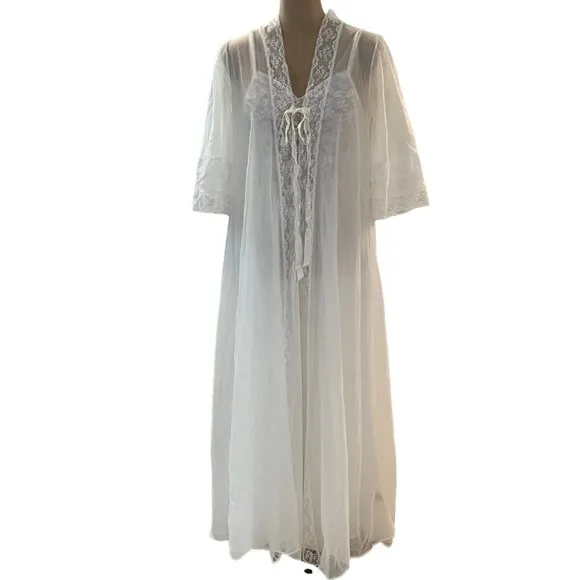Ilese Stevens Bridal Lace Peignoir Long Gown &amp; Robe Vintage Nylon Lingerie Set
