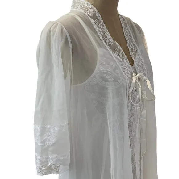 Ilese Stevens Bridal Lace Peignoir Long Gown &amp; Robe Vintage Nylon Lingerie Set