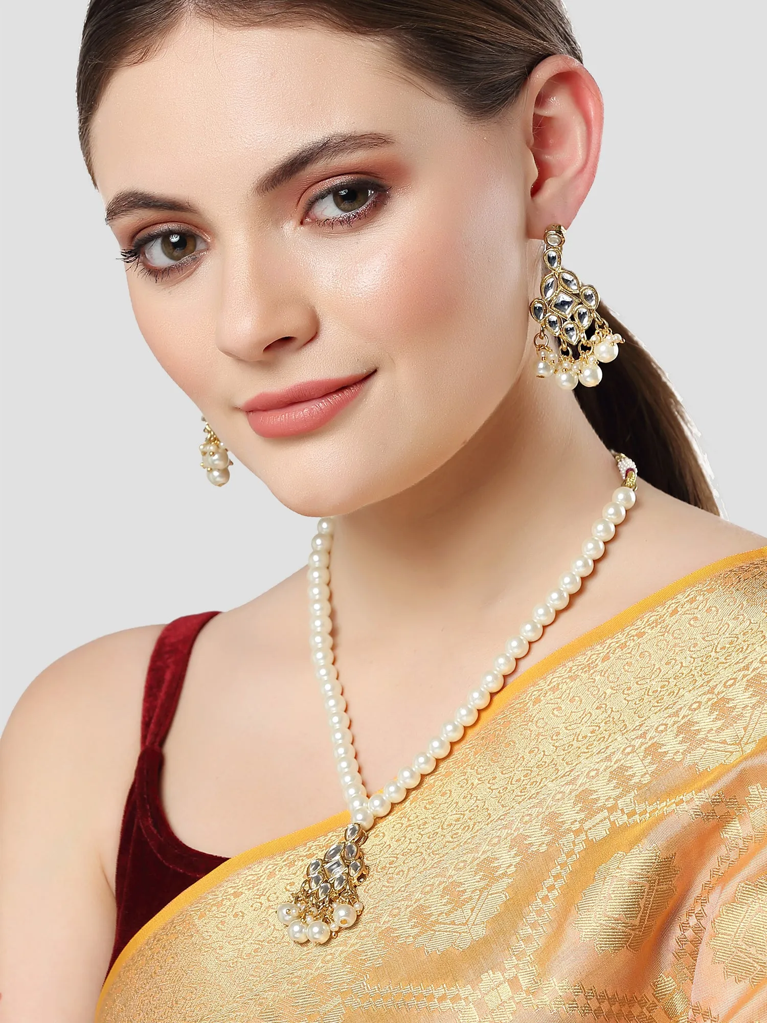 Karatcart Gold Plated Pearl Beads Studded Kundan Necklace Set for Women