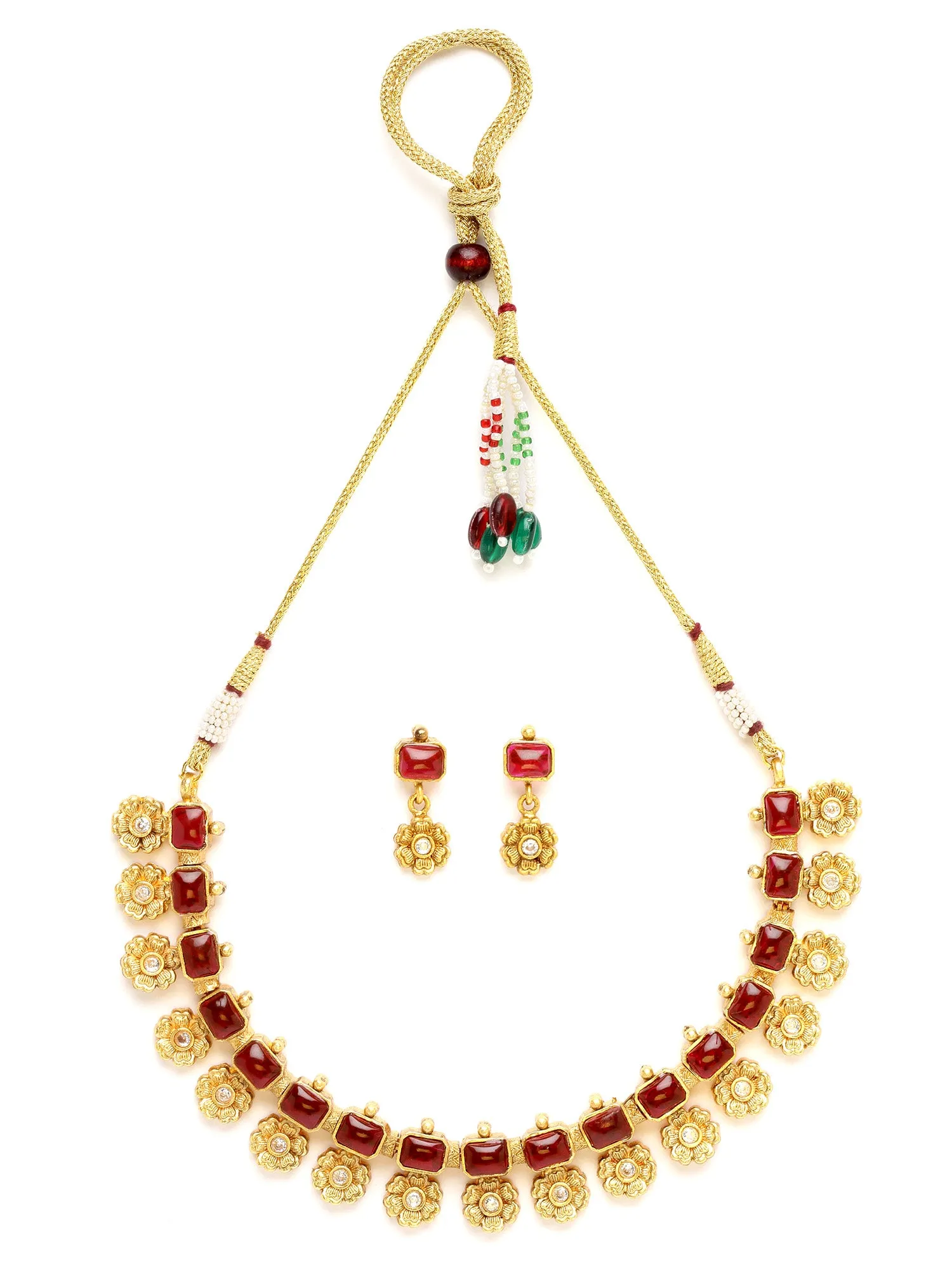 Karatcart Gold Plated Red Stones Studded Floral Design Necklace Set