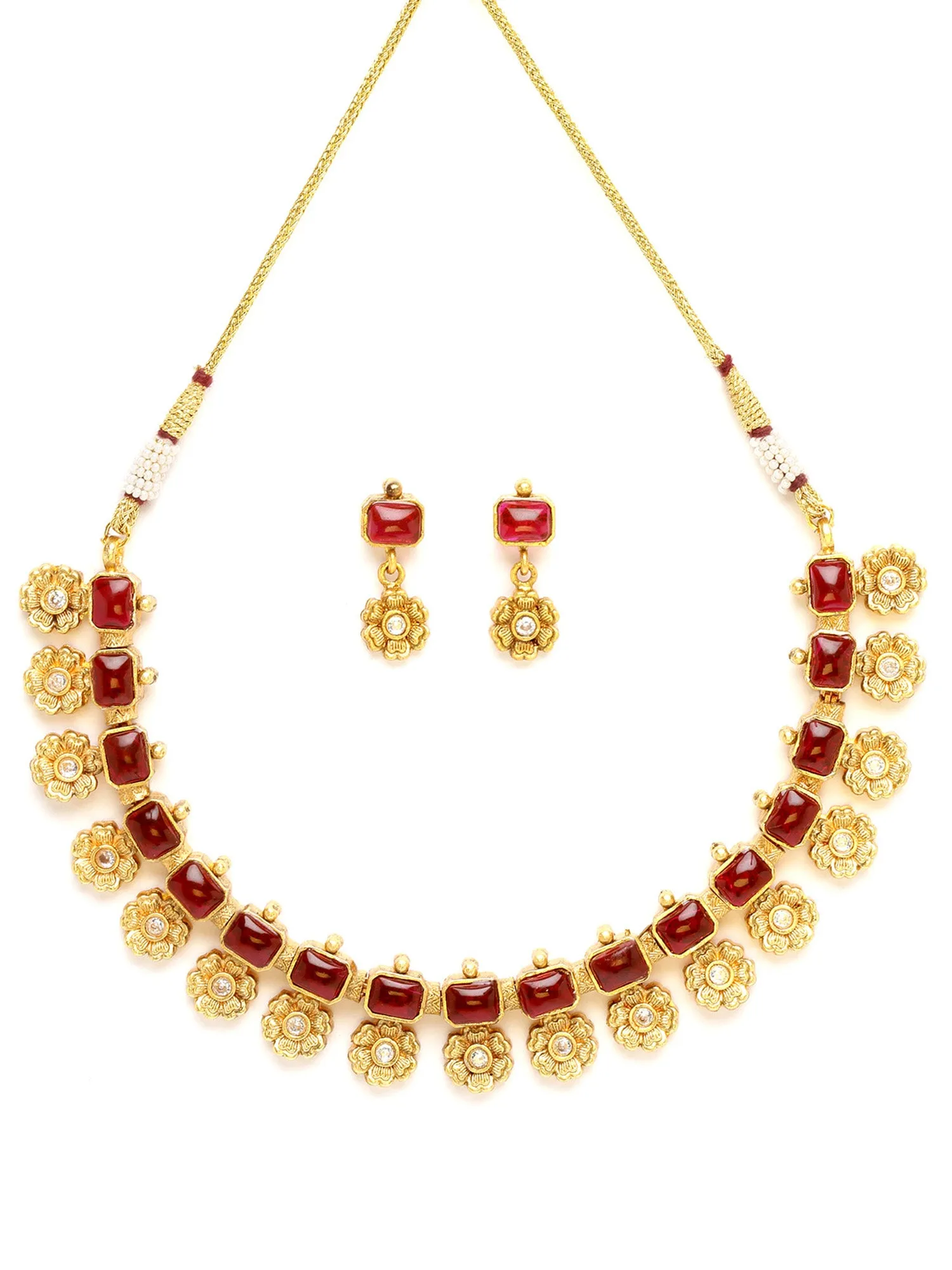 Karatcart Gold Plated Red Stones Studded Floral Design Necklace Set