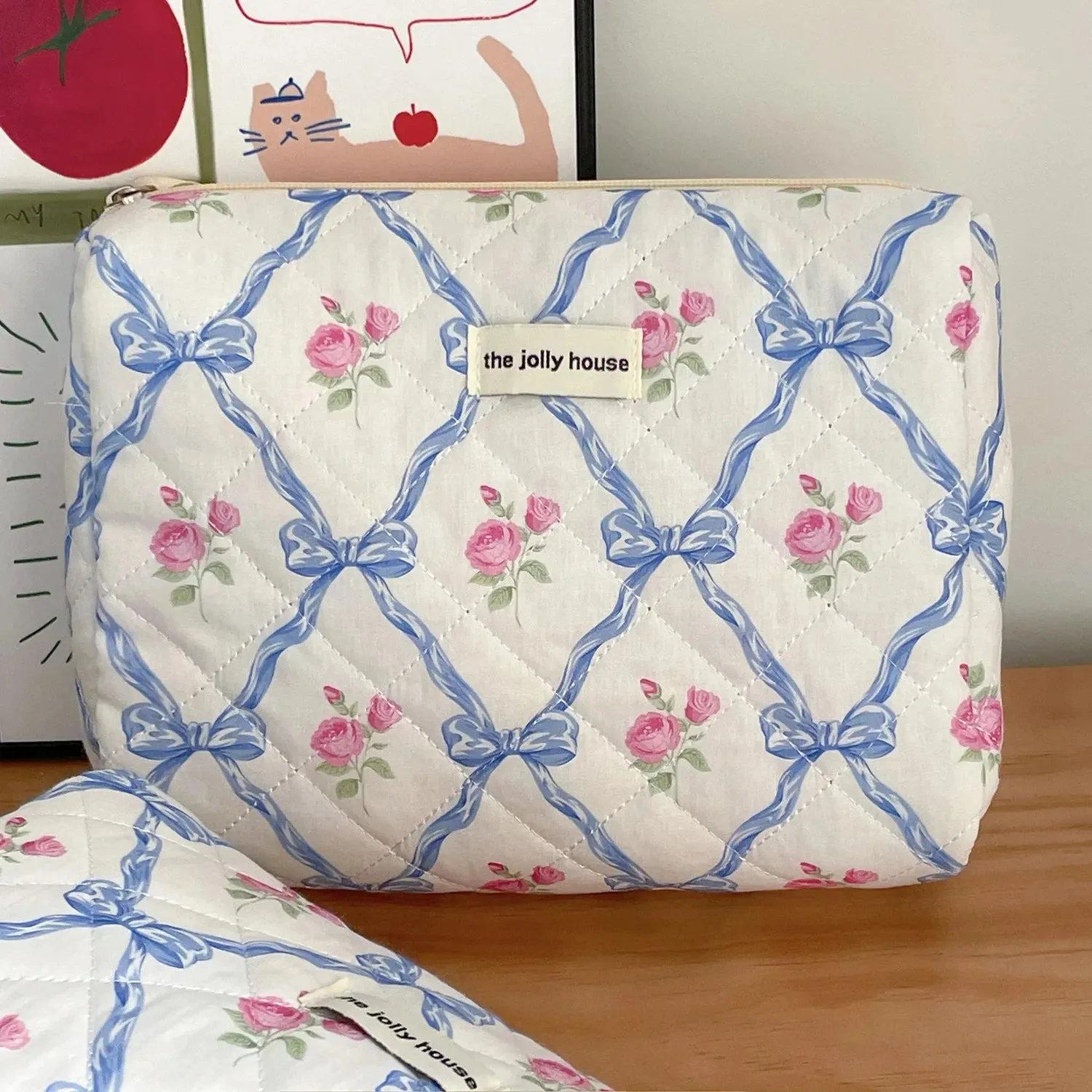 Kawaii Bow Flower Quilted Makeup Bag 🌸✨ | Adorable Zipper Cosmetic Organizer for Girls 🎀💖