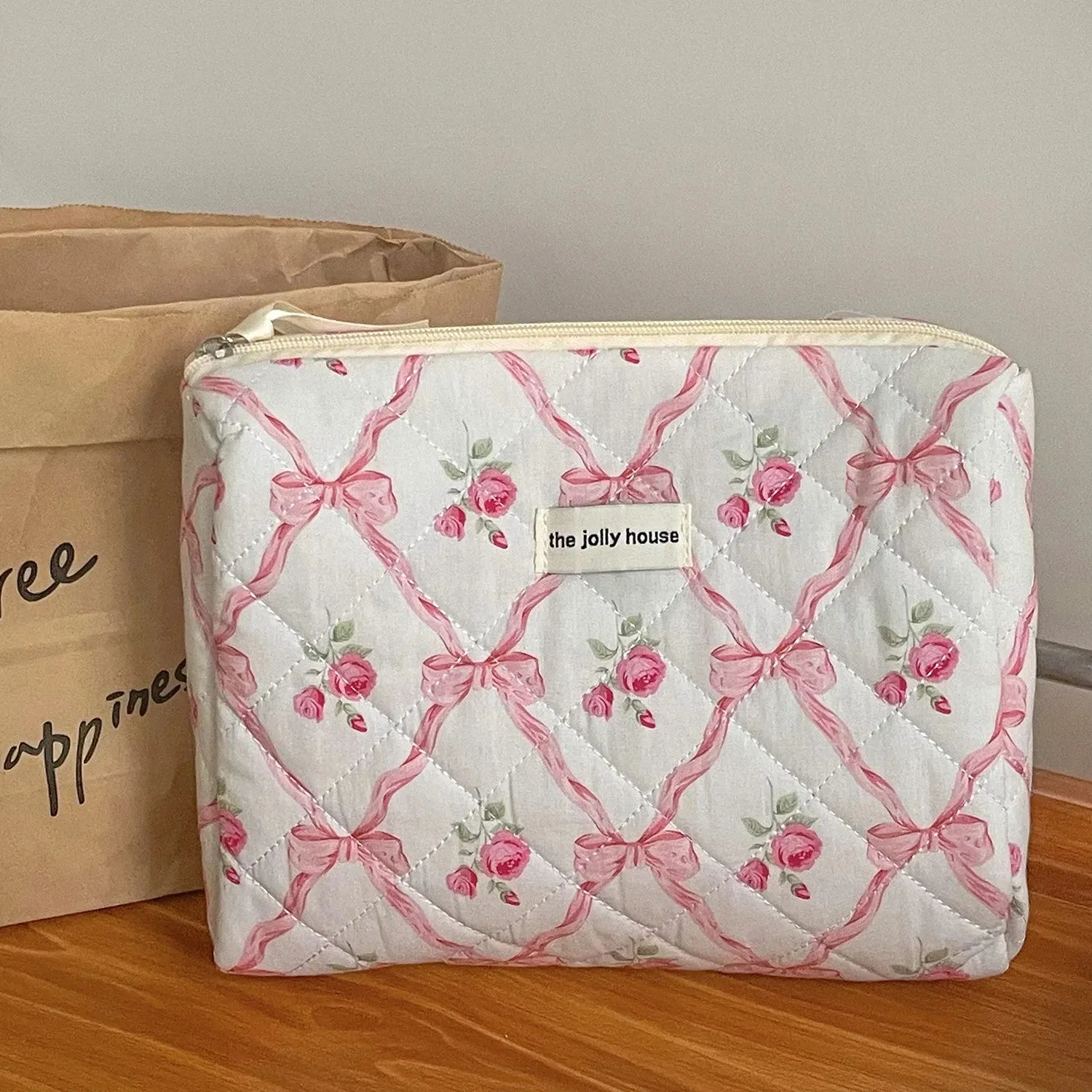 Kawaii Bow Flower Quilted Makeup Bag 🌸✨ | Adorable Zipper Cosmetic Organizer for Girls 🎀💖
