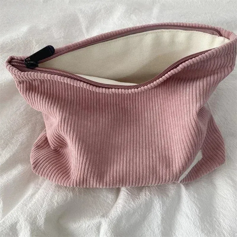 Kawaii Corduroy Makeup Pouch 🌸✨ | Cute Portable Cosmetic Organizer with Zipper - Large Capacity Clutch for Travel! 👜💖