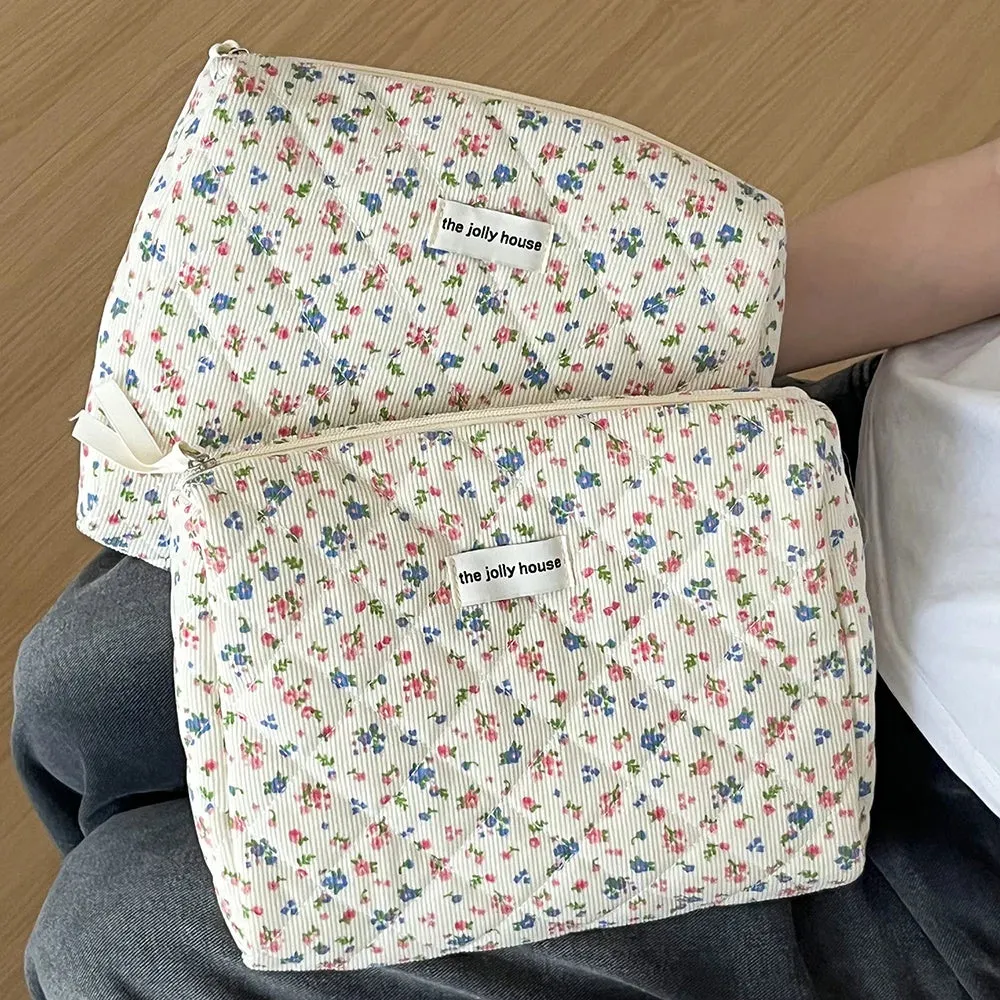Kawaii Floral Cotton Makeup Bag 🌸✨ - Portable Cosmetic Organizer for Trendy Women 💖👜