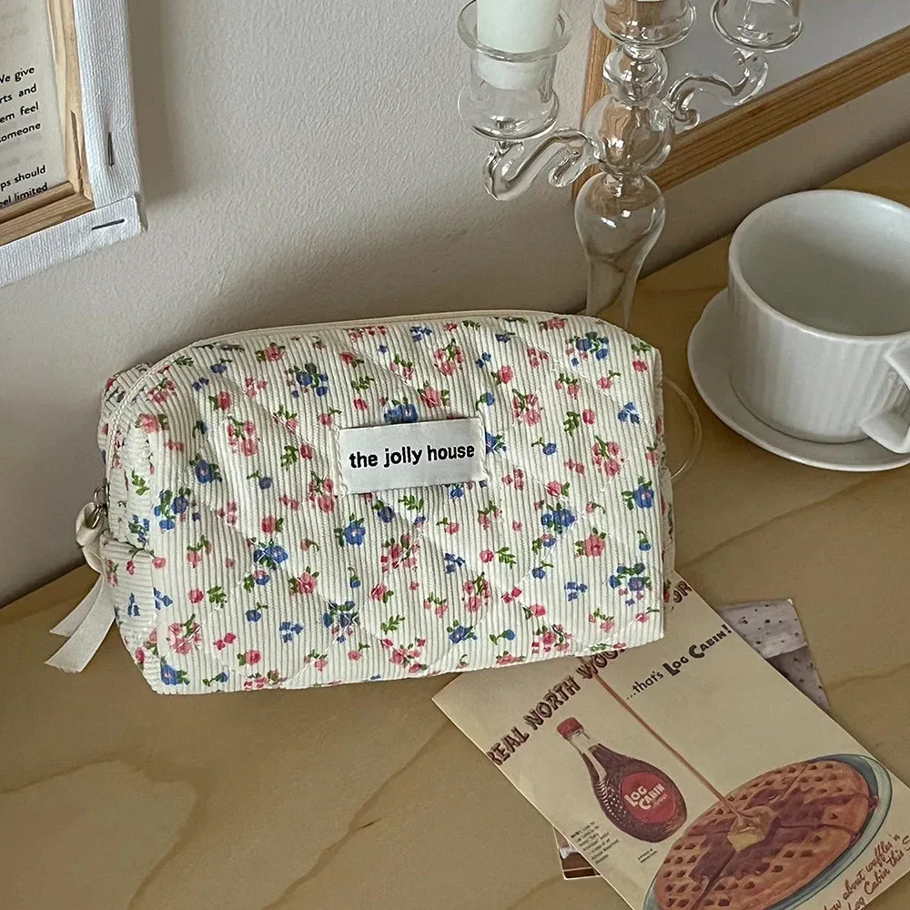 Kawaii Floral Cotton Makeup Bag 🌸✨ - Portable Cosmetic Organizer for Trendy Women 💖👜