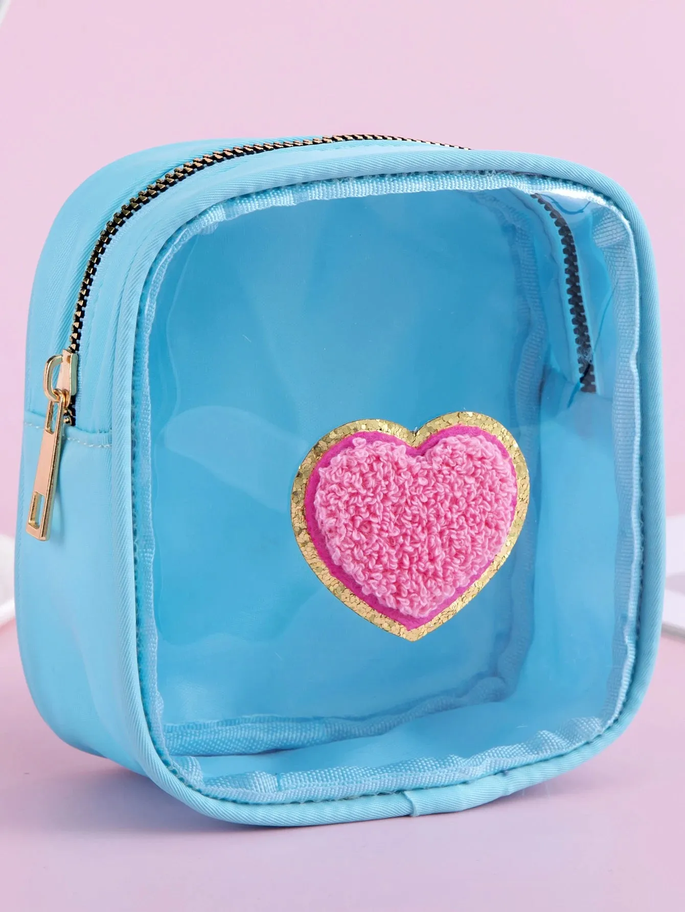 Kawaii Mini Waterproof Lipstick Pouch ✨💕 Chenille Heart & Rainbow Plane Patches | Clear PVC Travel Makeup Bag 🌈✈️ Zippered Cosmetic Case