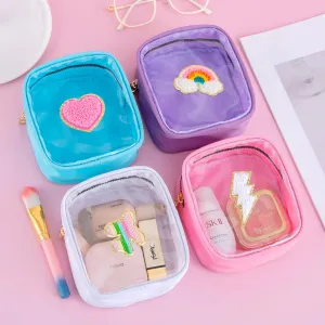 Kawaii Mini Waterproof Lipstick Pouch ✨💕 Chenille Heart & Rainbow Plane Patches | Clear PVC Travel Makeup Bag 🌈✈️ Zippered Cosmetic Case