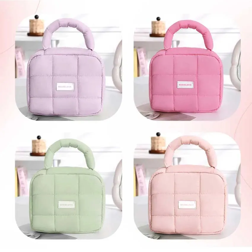 Kawaii Puffed Cosmetic Bag 🌸✨ Cute Quilted Toiletry Pouch for Travel 👜💕 Multi-Purpose Makeup Case