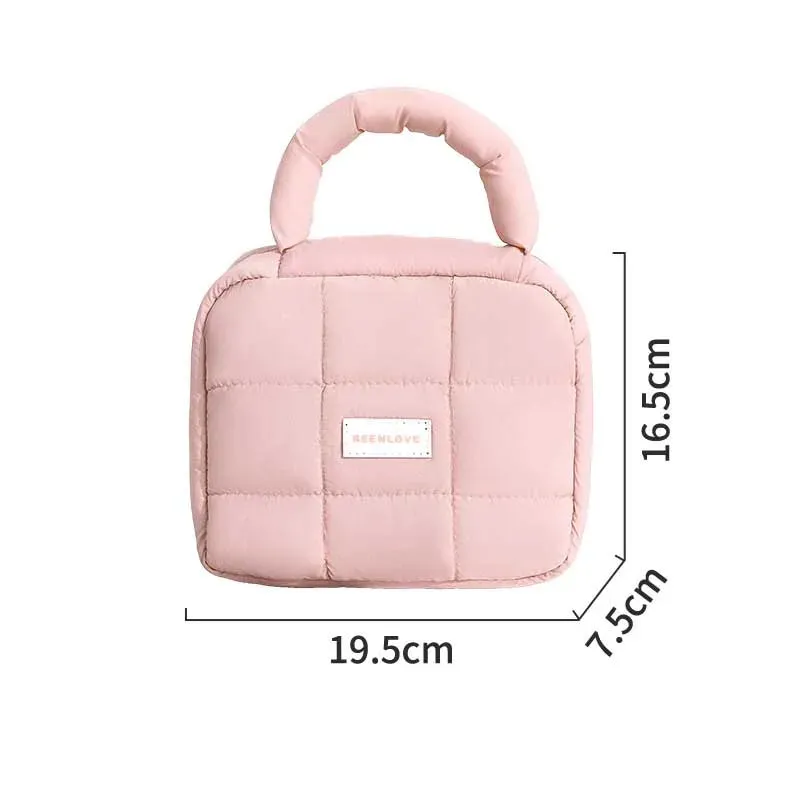 Kawaii Puffed Cosmetic Bag 🌸✨ Cute Quilted Toiletry Pouch for Travel 👜💕 Multi-Purpose Makeup Case