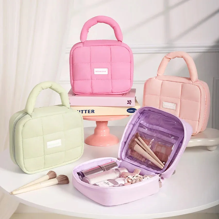 Kawaii Puffed Cosmetic Bag 🌸✨ Cute Quilted Toiletry Pouch for Travel 👜💕 Multi-Purpose Makeup Case