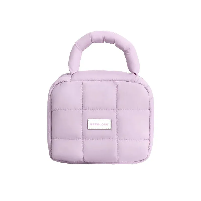 Kawaii Puffed Cosmetic Bag 🌸✨ Cute Quilted Toiletry Pouch for Travel 👜💕 Multi-Purpose Makeup Case