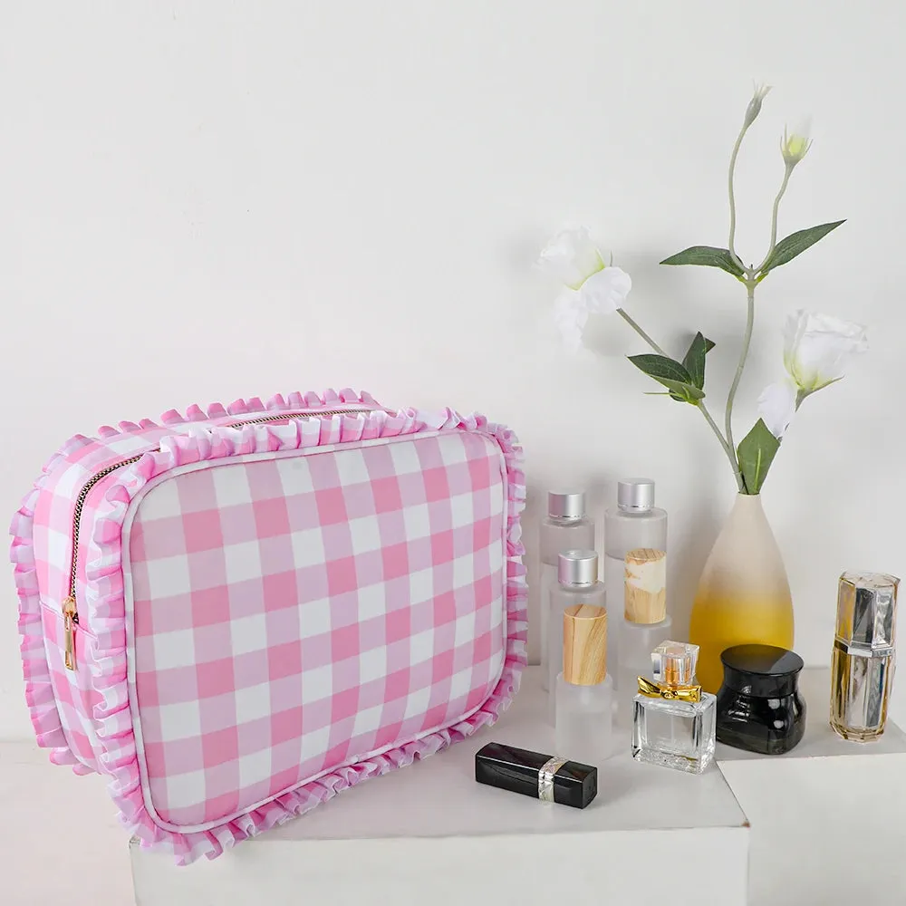 Kawaii Ruffle Makeup Bag 🎀✨ - Large Waterproof Nylon Pouch for Travel & Toiletries 🌸💕