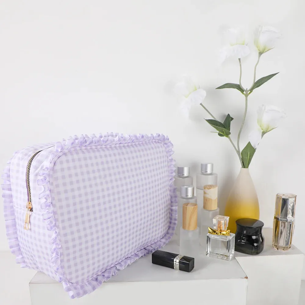 Kawaii Ruffle Makeup Bag 🎀✨ - Large Waterproof Nylon Pouch for Travel & Toiletries 🌸💕