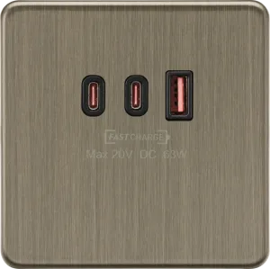 Knightsbridge SF63WAB Screwless 230V Triple USB Charger Plate 2xUSB-C 1xUSB-A [20V DC Max. 63W] - Antique Brass