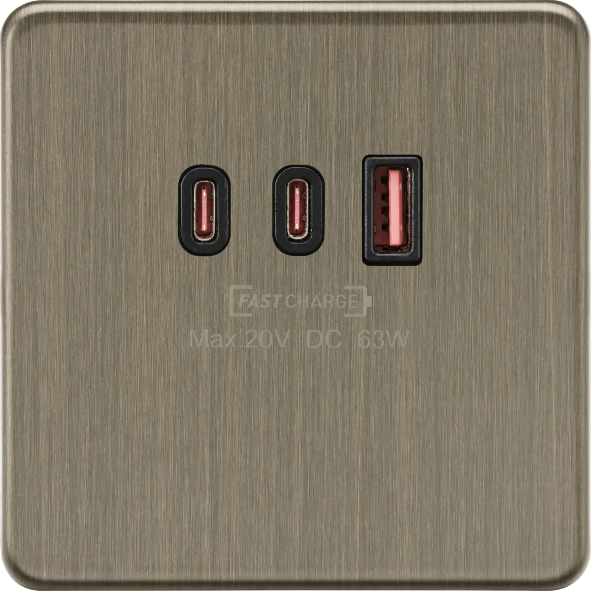 Knightsbridge SF63WAB Screwless 230V Triple USB Charger Plate 2xUSB-C 1xUSB-A [20V DC Max. 63W] - Antique Brass