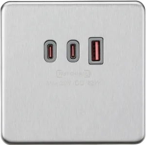 Knightsbridge SF63WBCG Screwless 230V Triple USB Charger Plate 2xUSB-C 1xUSB-A [20V DC Max. 63W] - Brushed Chrome   Grey Insert