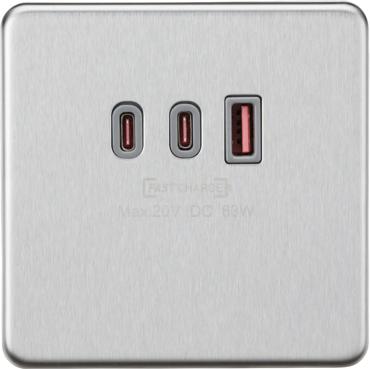 Knightsbridge SF63WBCG Screwless 230V Triple USB Charger Plate 2xUSB-C 1xUSB-A [20V DC Max. 63W] - Brushed Chrome   Grey Insert
