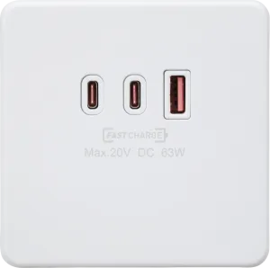 Knightsbridge SF63WMW Screwless 230V Triple USB Charger Plate 2xUSB-C 1xUSB-A [20V DC Max. 63W] - Matt White
