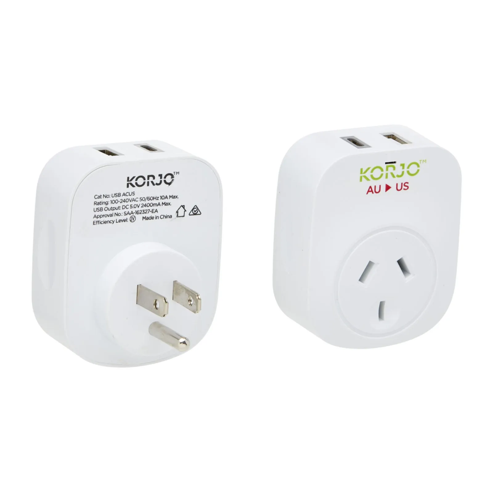 Korjo Travel Adaptor USB Port A and C Australia to US